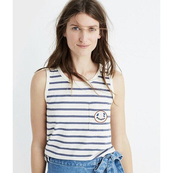 Madewell Tops - Madewell Blue White Striped Knit Tank Top With Pocket